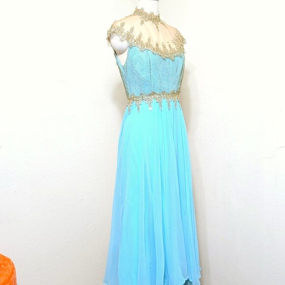 Vintage 1960's Mike Benet Aqua Chiffon Embellished Gown SZ M - Picture 4 of 10